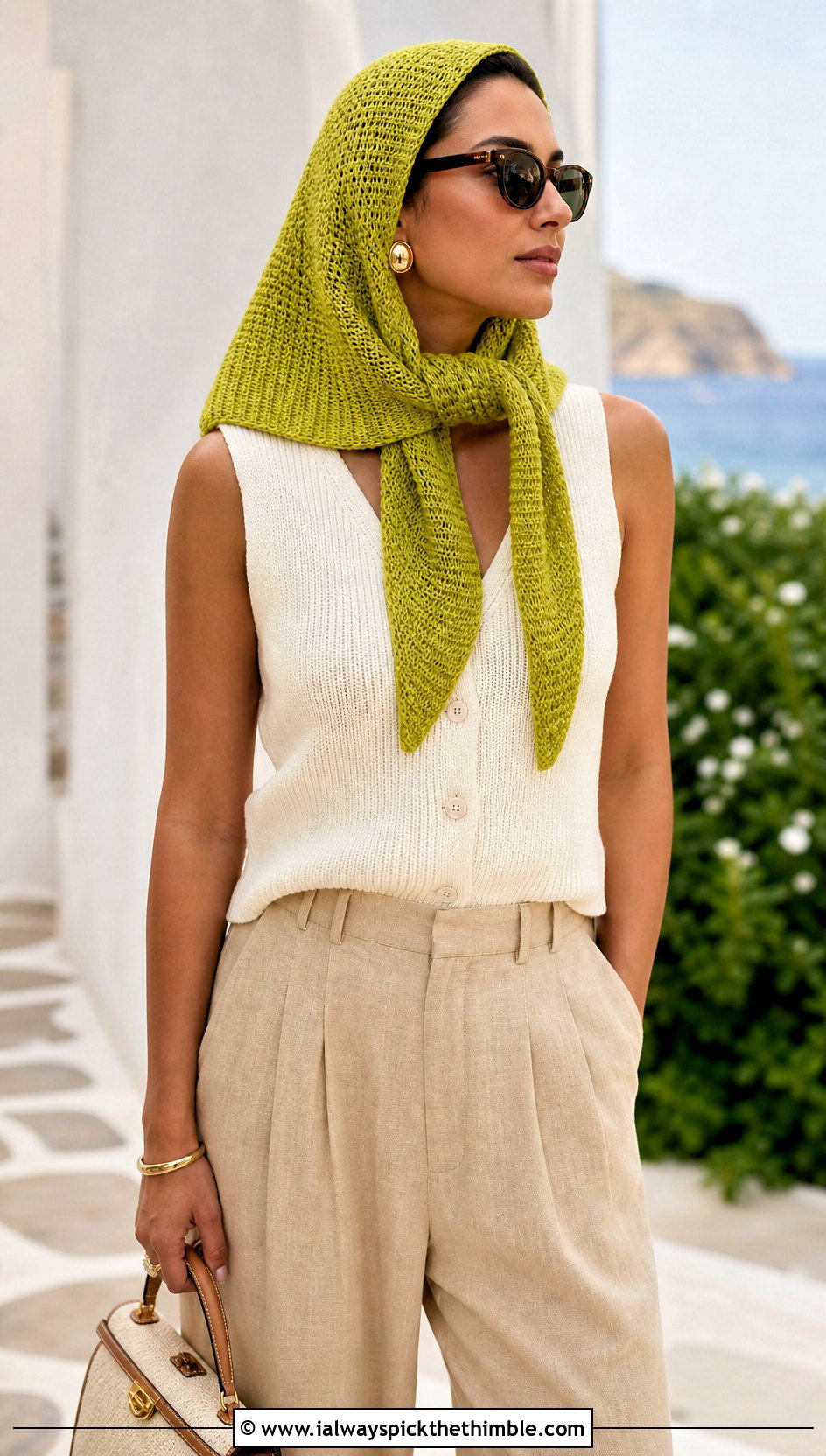 Tunisian Triangle Crochet Summer Scarf With Knit Vest And Trousers - 25 summer crochet scarf outfit ideas