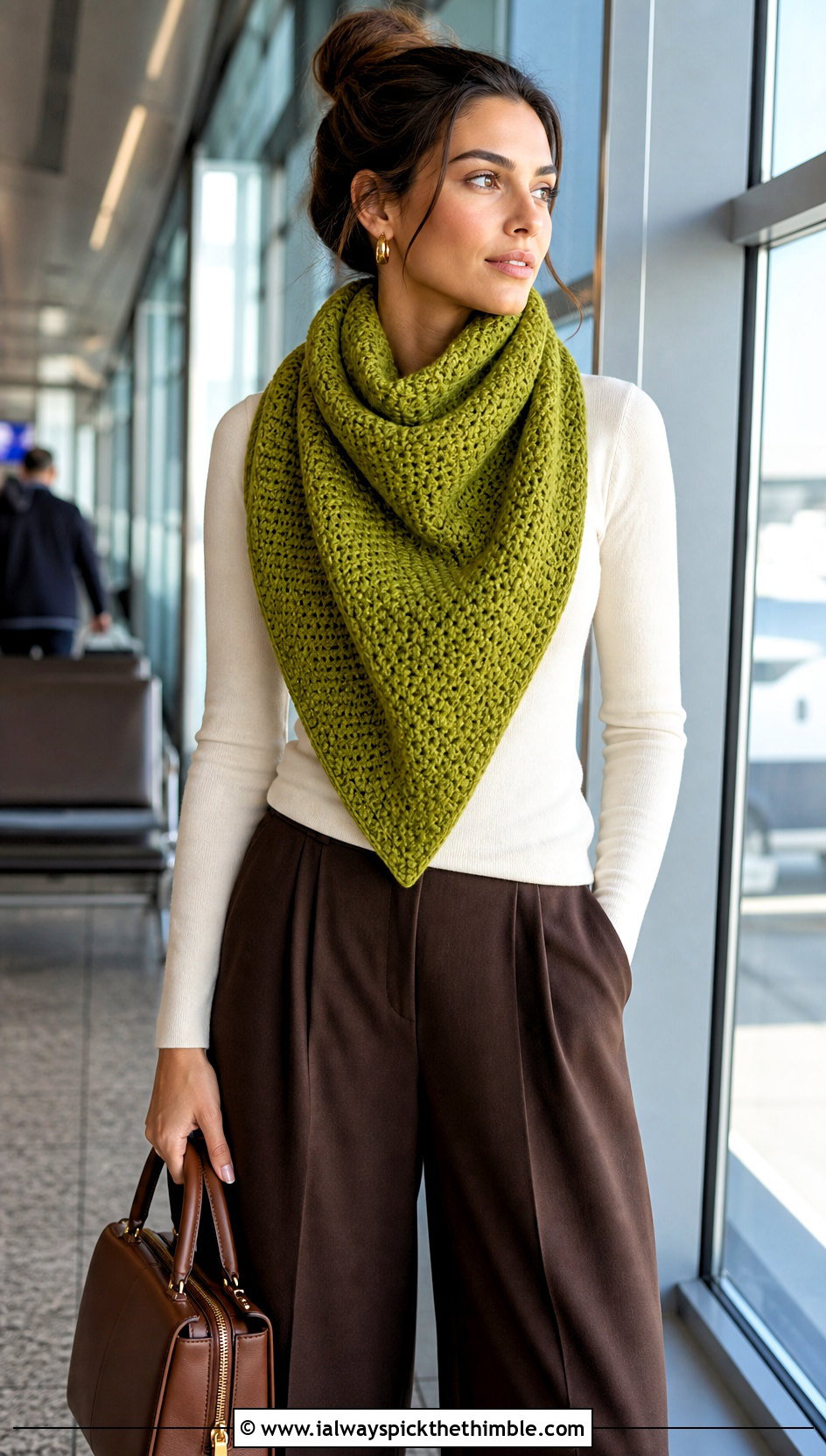 Tunisian Triangle One Ball Crochet Scarf With Sweater And Wide Leg Pants - 15 one ball crochet scarf outfit ideas