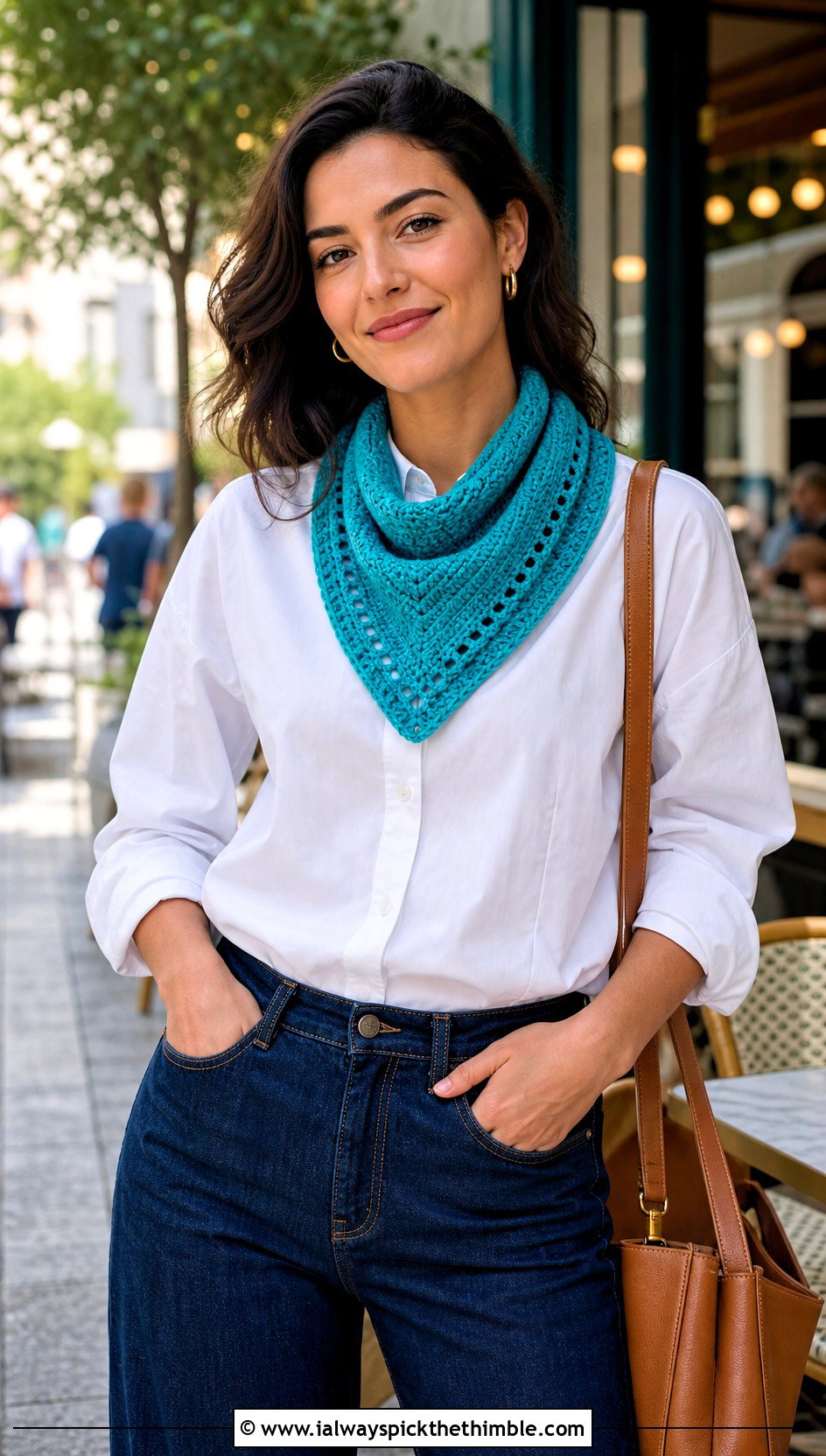 Tunisian Triangle Scarf With White Shirt - 20 Easy Tunisian Crochet Scarf outfit ideas