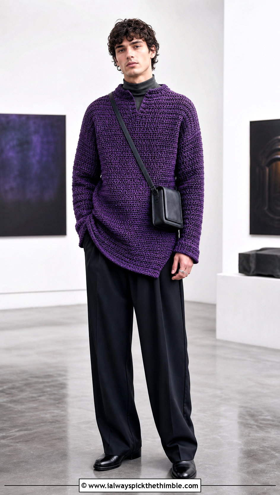 Tunisian Tunic Sweater With Wide Leg Trousers - 15 Tunisian Crochet Mens Sweater outfit ideas