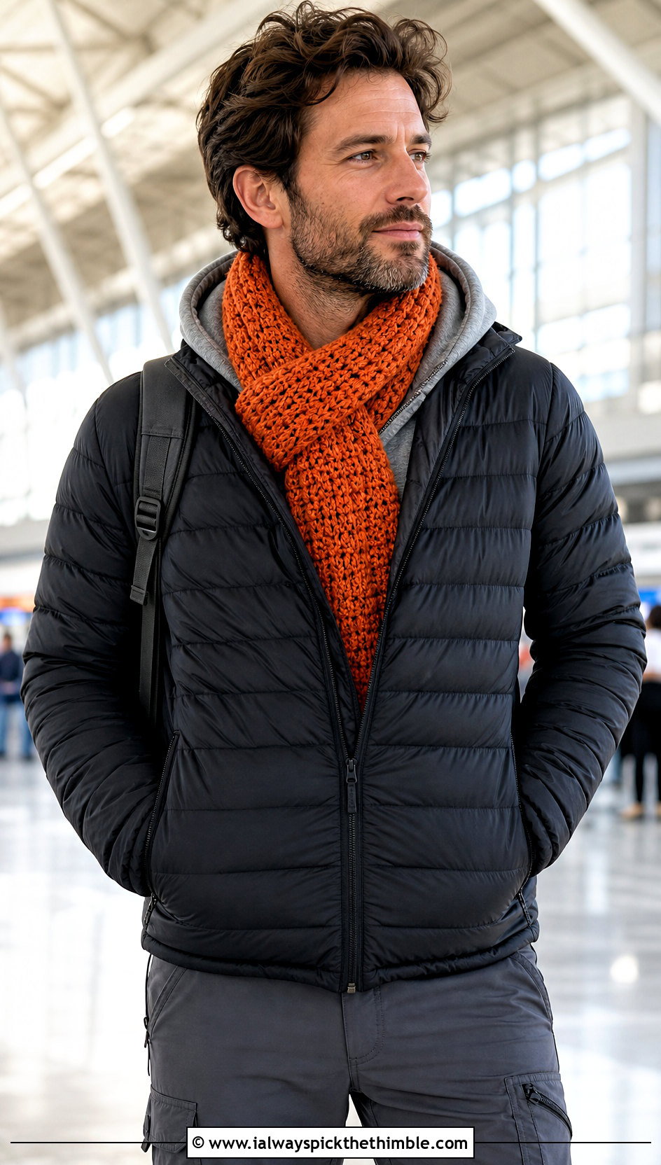 Tunisian Tweed Crochet Scarf With Puffer Jacket - 15 Tweed Men's Crochet Scarf outfit ideas