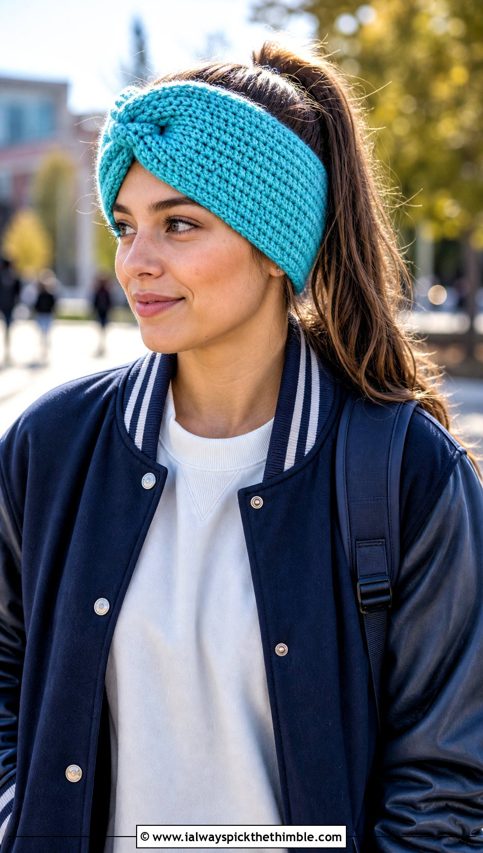 Tunisian Twist Chunky Yarn Crochet Ear Warmer With Varsity Jacket - 20 chunky yarn crochet ear warmer outfit ideas