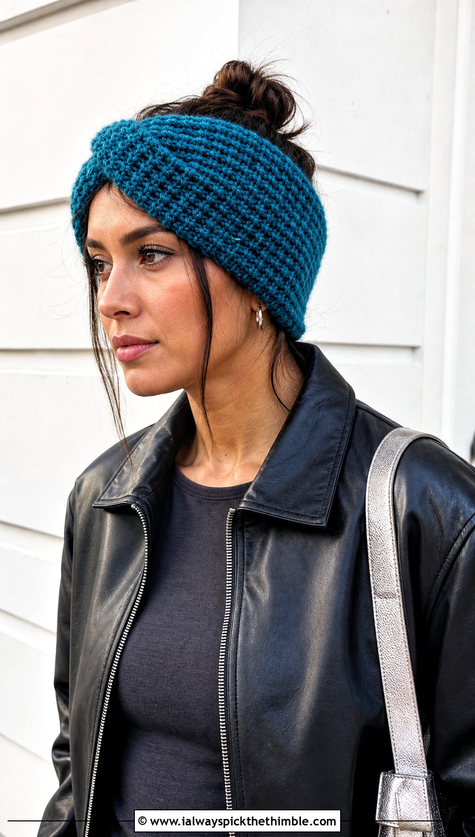 Tunisian Waffle Stitch Earwarmer With Leather Bomber - 15 Tunisian Crochet Earwarmer outfit ideas