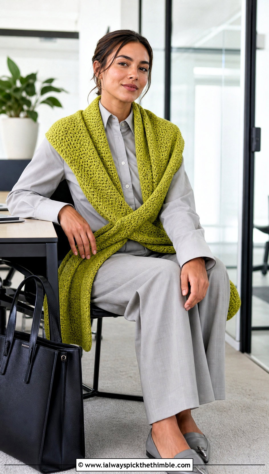 Tunisian Wrap Me Up Crochet Sweater Scarf With Tailored Trousers - 15 Wrap Me Up Crochet Sweater Scarf outfit ideas