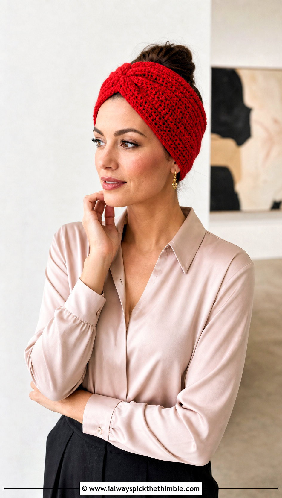 Turban Crochet Ear Warmer With Satin Blouse - 20 Diy Crochet Headband Ear Warmers outfit ideas