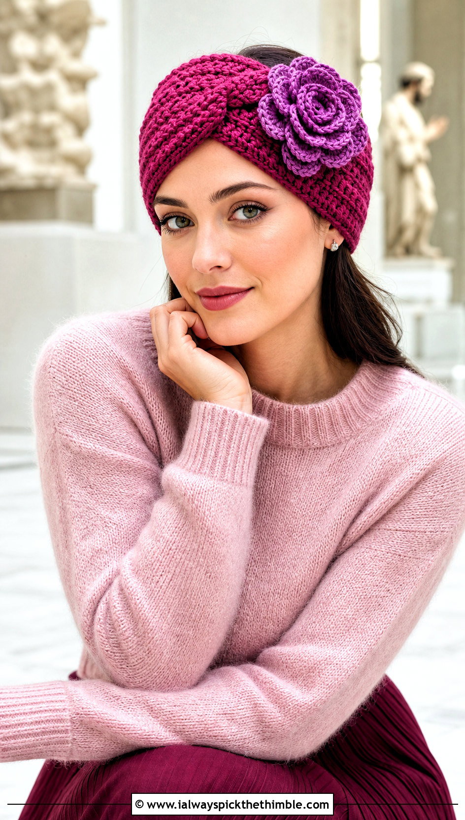 Turban Crochet Headband With Monochrome Knit Outfit - 15 crochet headband with purple flower outfit ideas