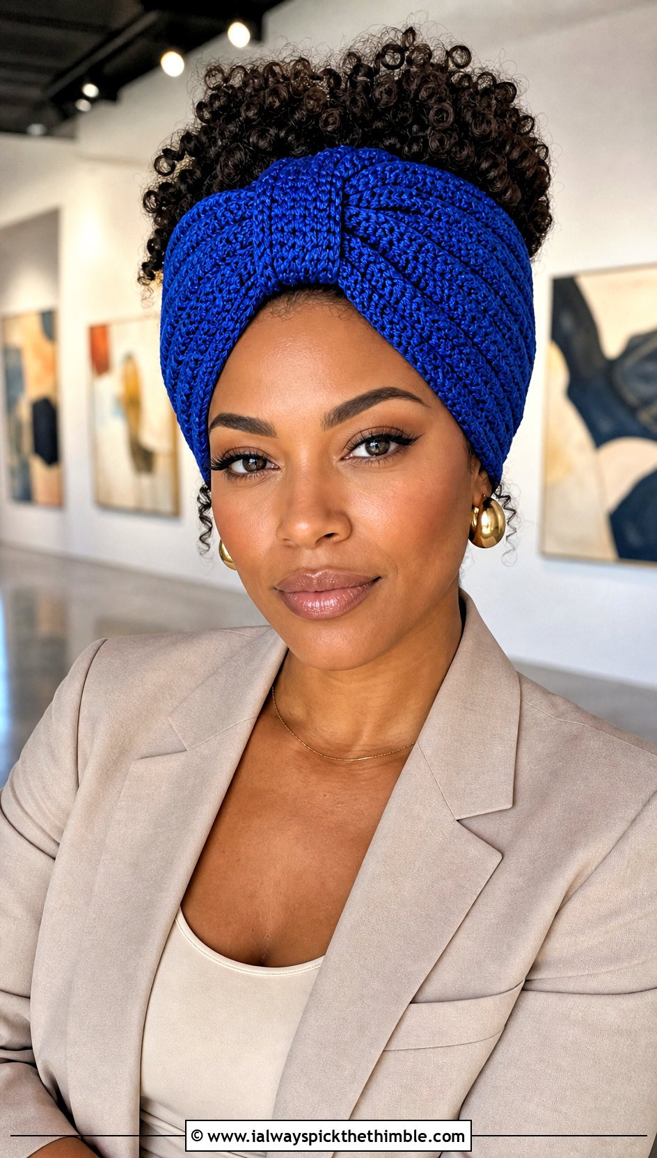 Turban Crochet Headband With Monochrome Suit - 20 simple crochet head bands outfit ideas