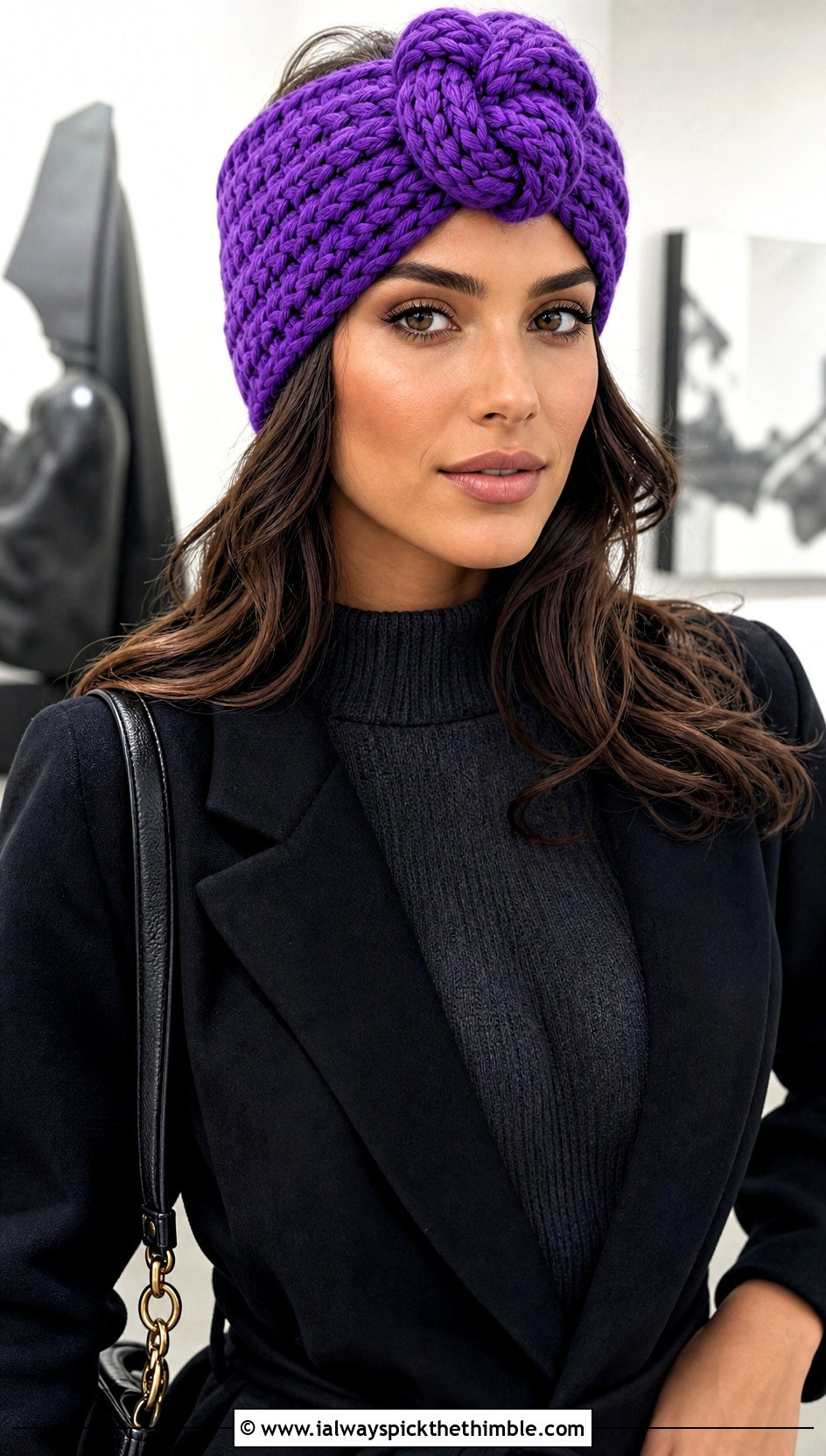 Turban Knot Bulky Yarn Crochet Headband With Sweater Dress - 20 bulky yarn crochet headband outfit ideas