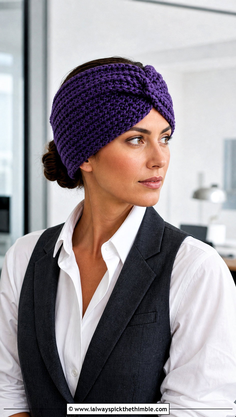 Turban Twist Ear Warmer With Tailored Vest And Shirt - 20 Crochet Twist Ear Warmer outfit ideas