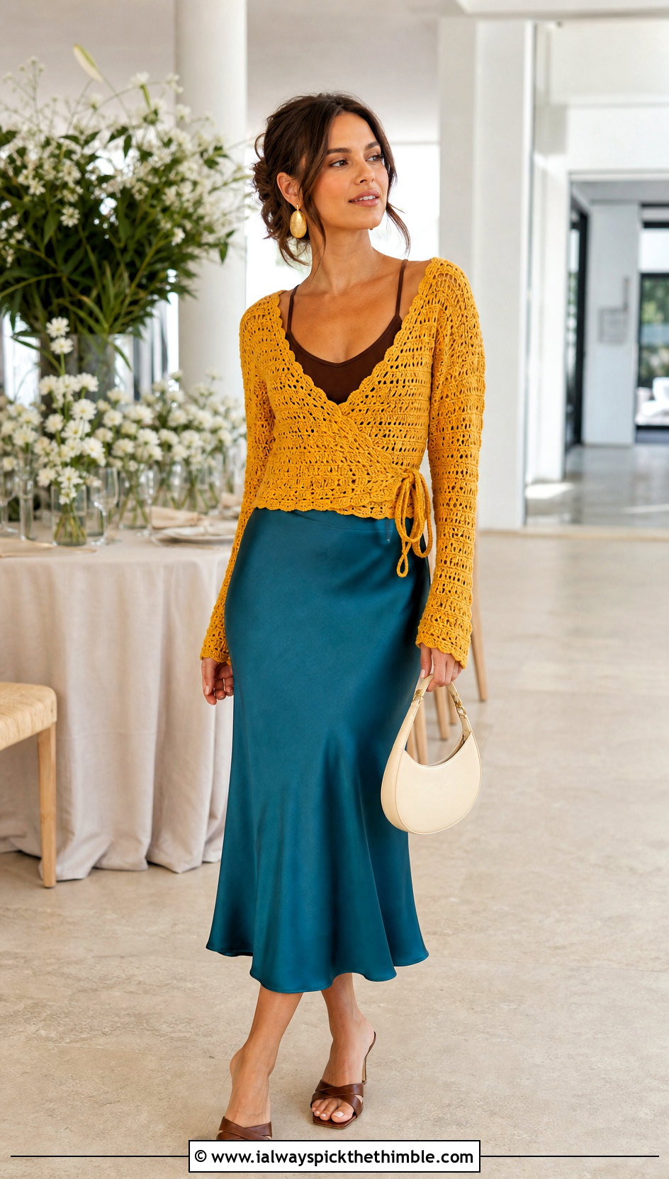 Turmeric Yellow Wrap Crochet Sweater With Bias Cut Midi Skirt - 15 Yellow Lace Crochet Sweater outfit ideas