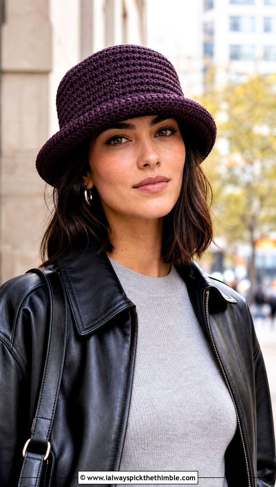 Turned Up Brim Crochet Raffia Bucket Hat With Leather Jacket - 20 crochet raffia bucket hat outfit ideas