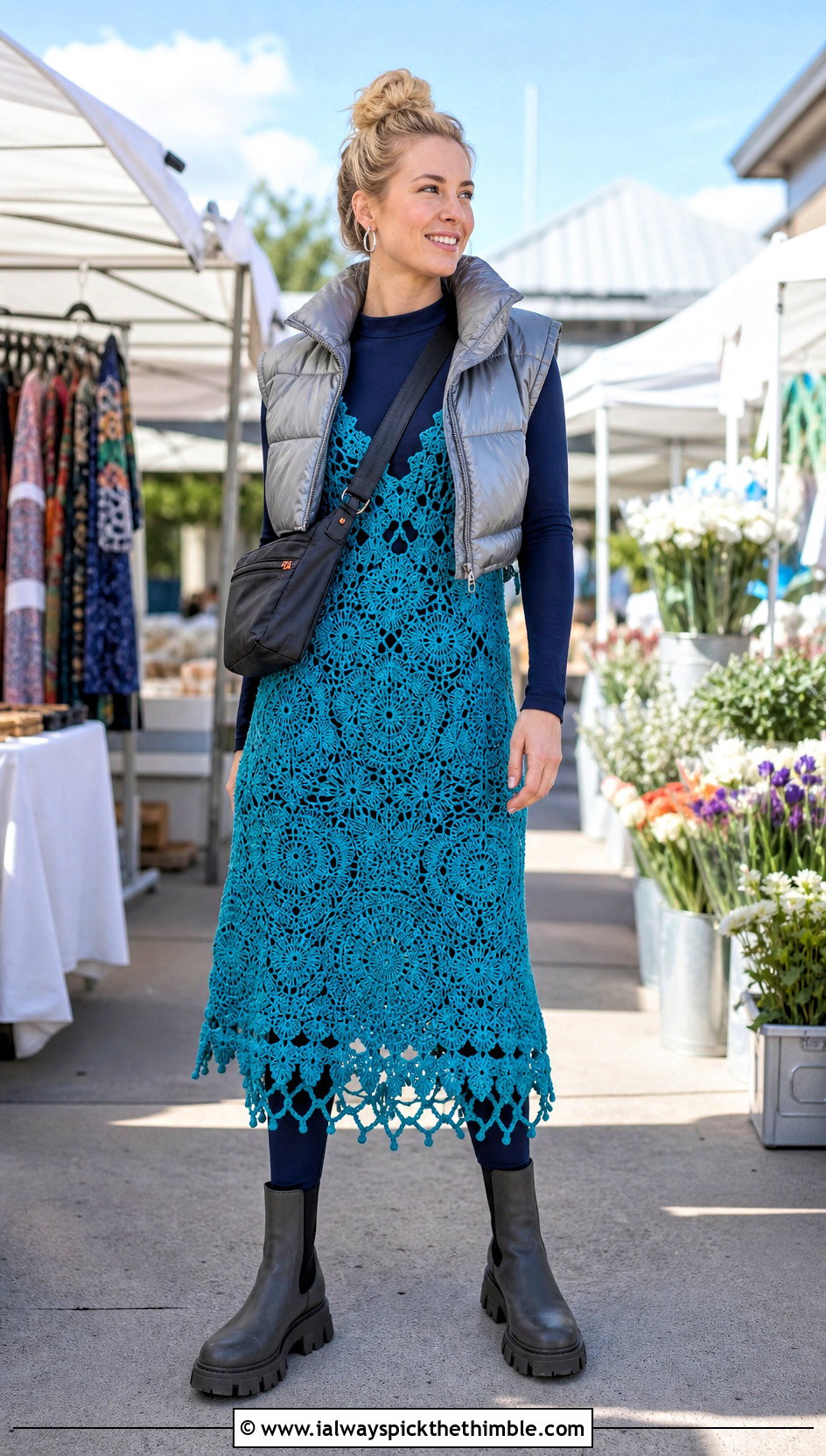 Turquoise Abigail Fairy Crochet Dress With Puffer Vest - 20 abigail fairy crochet dress outfit ideas