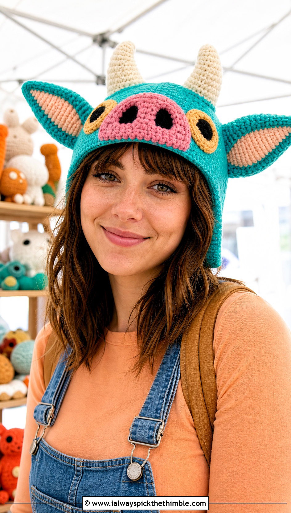Turquoise Colorblock Bokoblin Crochet Hat With Denim Overalls - 15 Bokoblin Crochet Hat outfit ideas