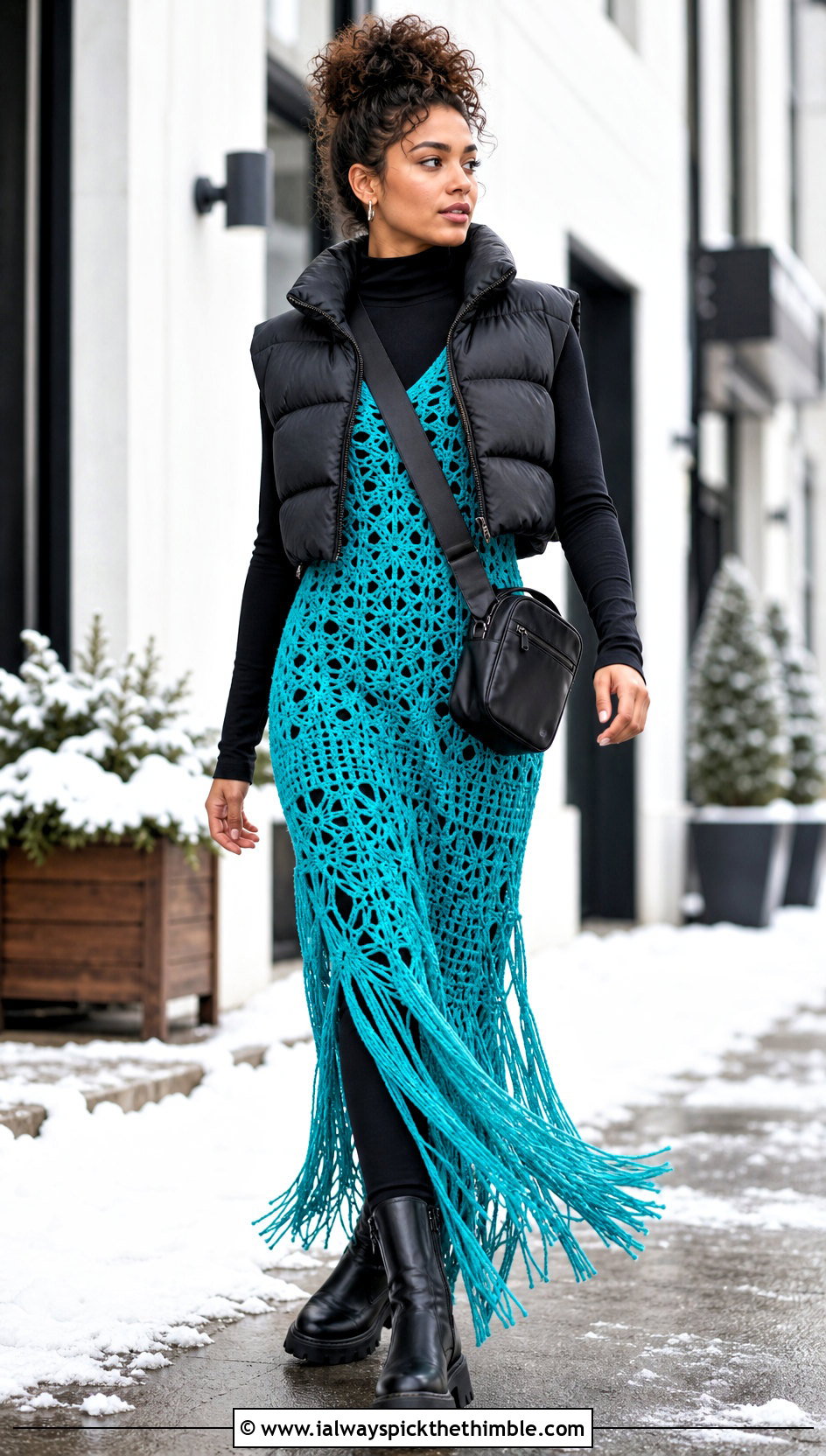 Turquoise Fringe Crochet Maxi Dress With Puffer Vest - 15 goth crochet dress outfit ideas