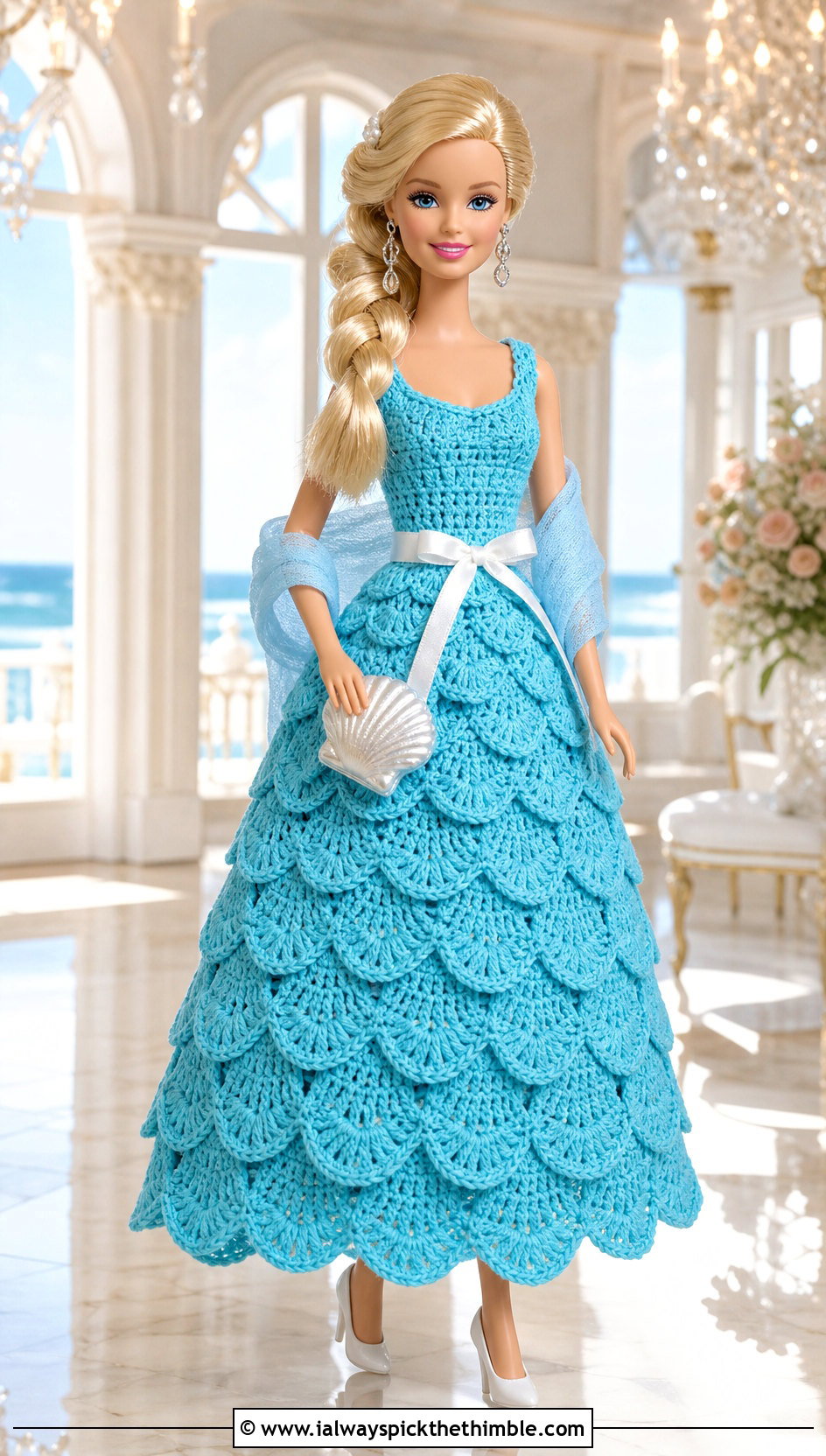 Turquoise Scalloped Crochet Barbie Ball Gown - 20 crochet barbie ball gowns outfit ideas