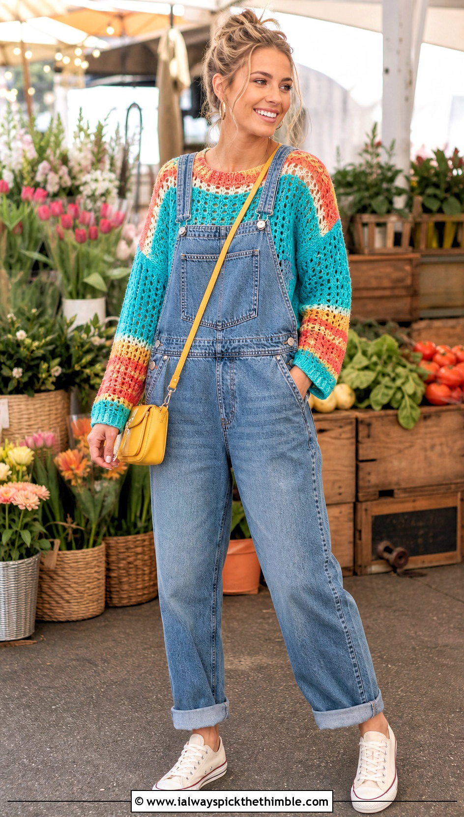 Turquoise Sunset Crochet Sweater With Denim Overalls - 20 Sunset Crochet Sweater outfit ideas