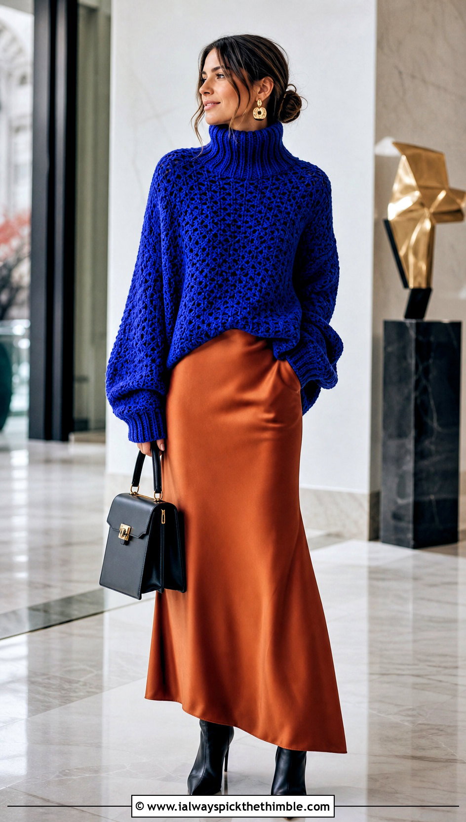 Turtleneck Baggy Crochet Sweater With Bias Cut Maxi Skirt - 25 baggy crochet sweater outfit ideas