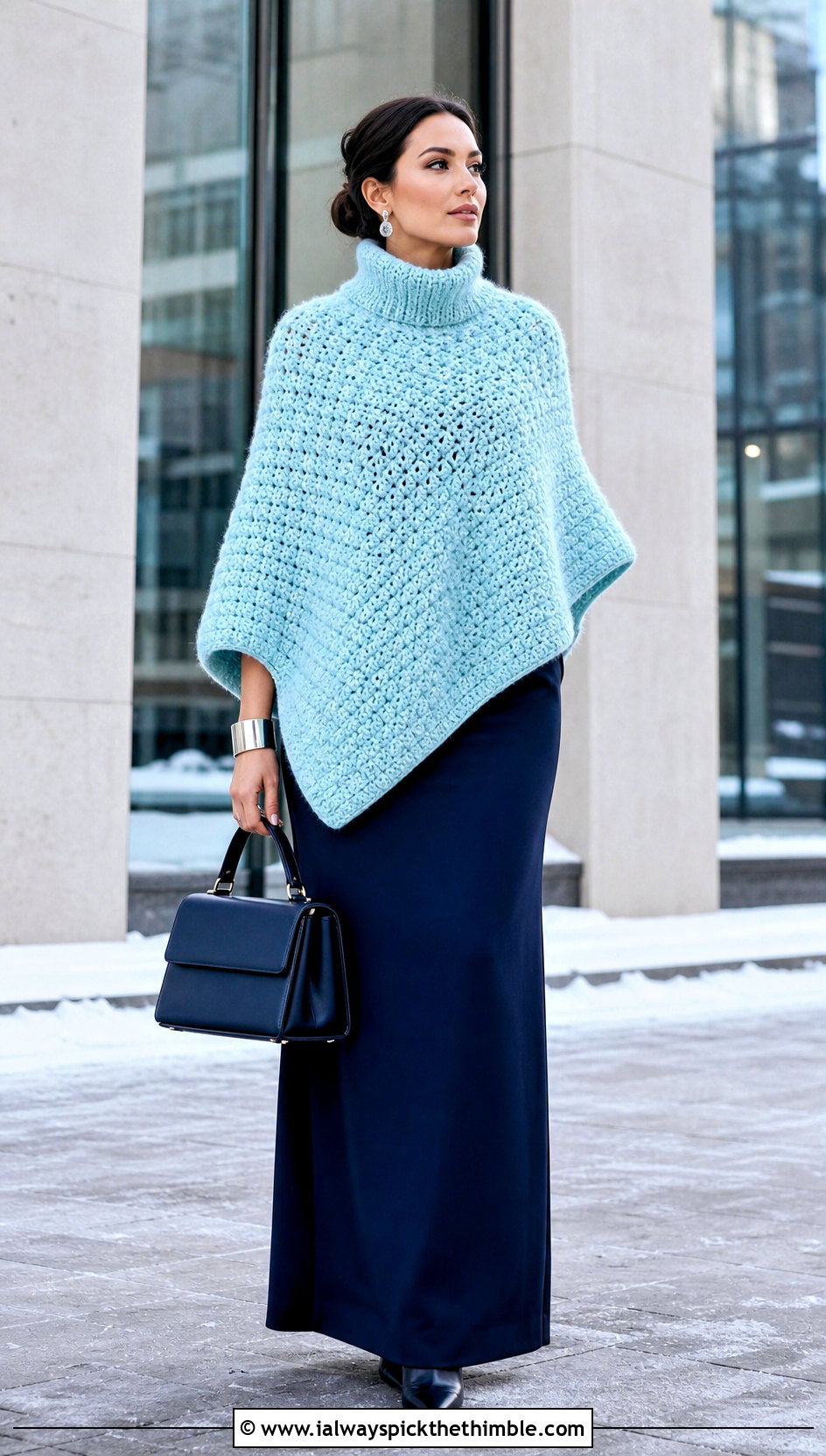 Turtleneck Blanket Crochet Poncho With Column Maxi Skirt - 15 Blanket Crochet Poncho outfit ideas