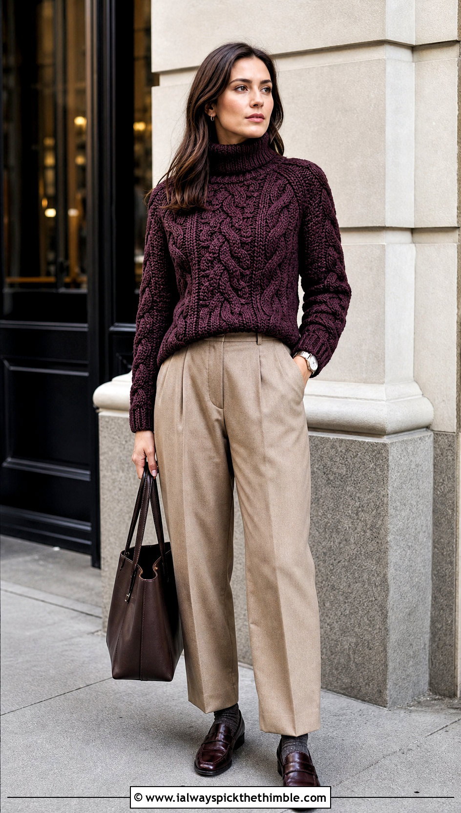 Turtleneck Braided Cable Fisherman Crochet Sweater With Pleated Pants - 20 Fisherman Crochet Sweater outfit ideas