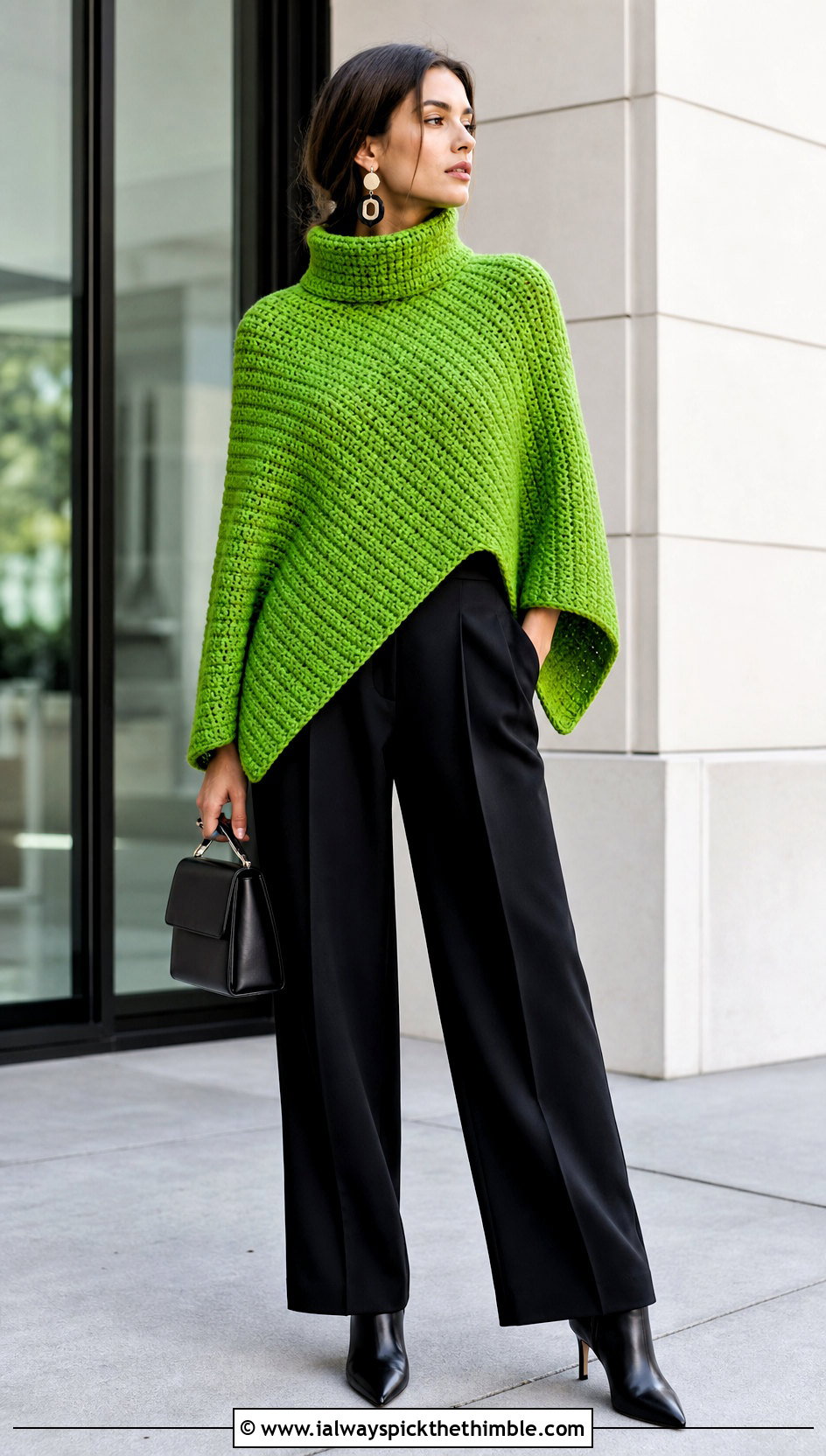 Turtleneck C2C Poncho With Wide Leg Trousers - 15 Crochet C2C Poncho outfit ideas