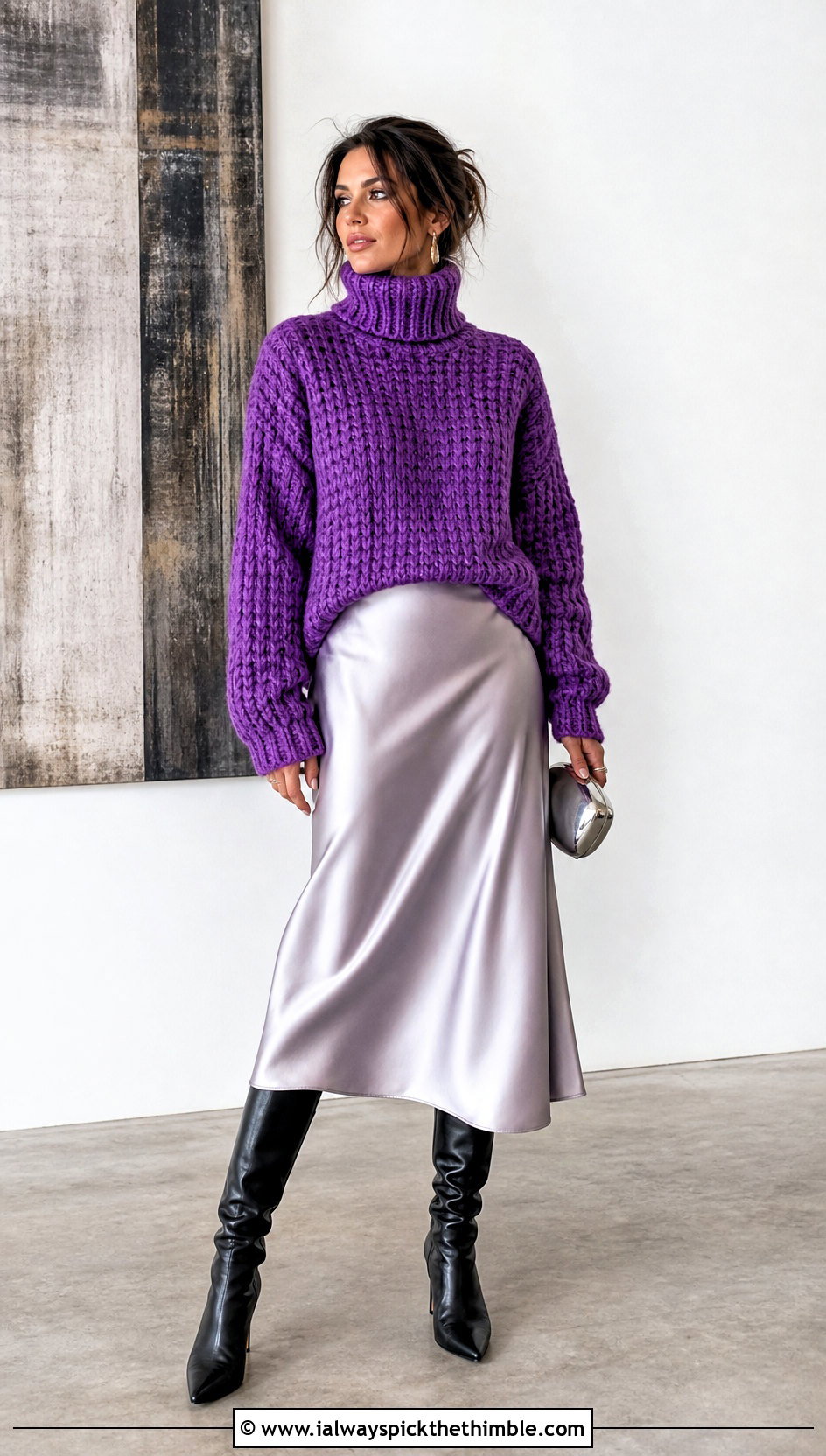 Turtleneck Chunky Crochet Jumper With Satin Midi Skirt - 25 chunky crochet jumper outfit ideas
