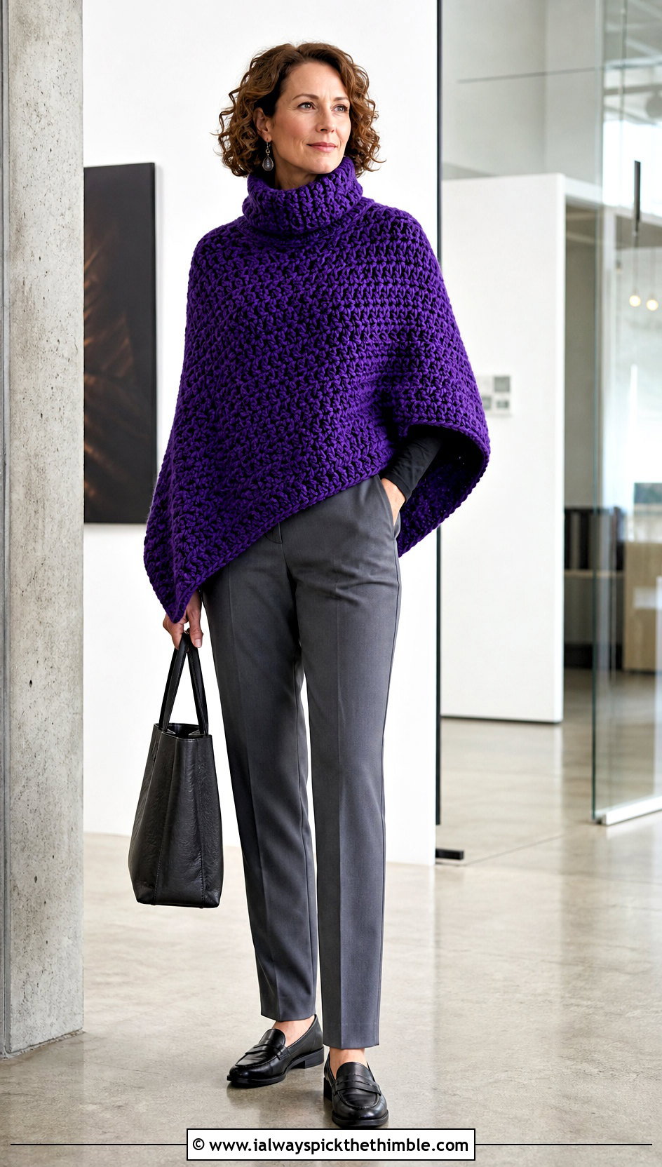 Turtleneck Chunky Crochet Poncho With Tailored Trousers - 20 Chunky Crochet Poncho outfit ideas