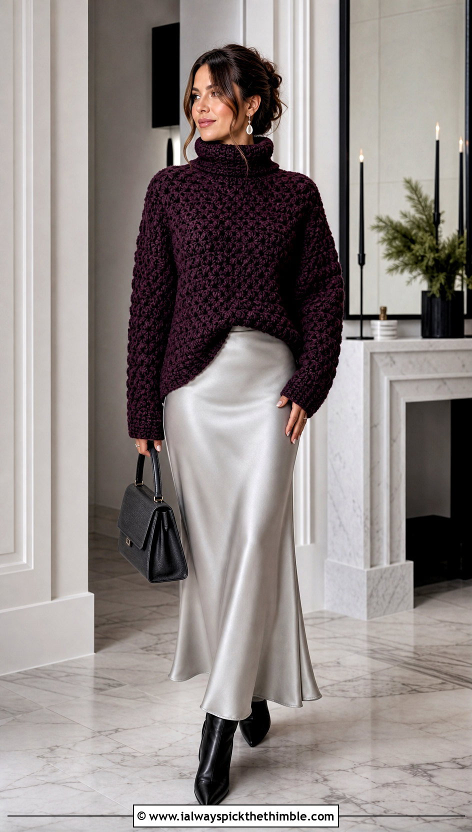 Turtleneck Chunky Crochet Sweater With Bias Cut Maxi Skirt - 20 Easy Chunky Crochet Sweater outfit ideas