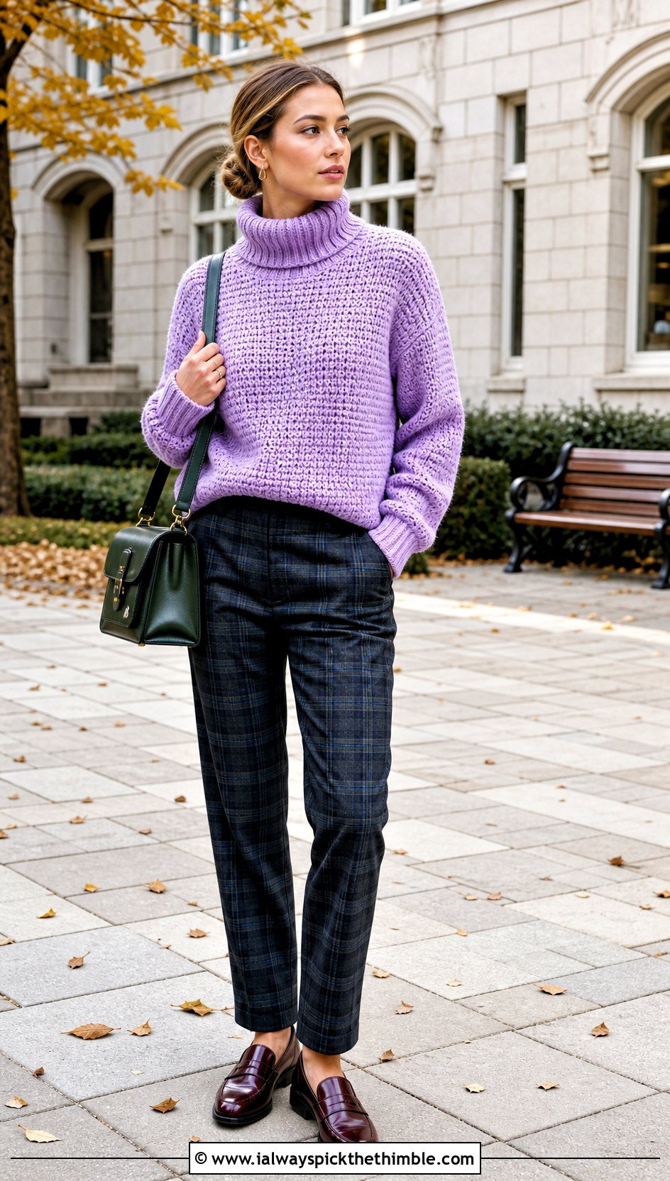 Turtleneck Chunky Crochet Sweater With Plaid Trousers - 25 chunky crochet sweater outfit ideas