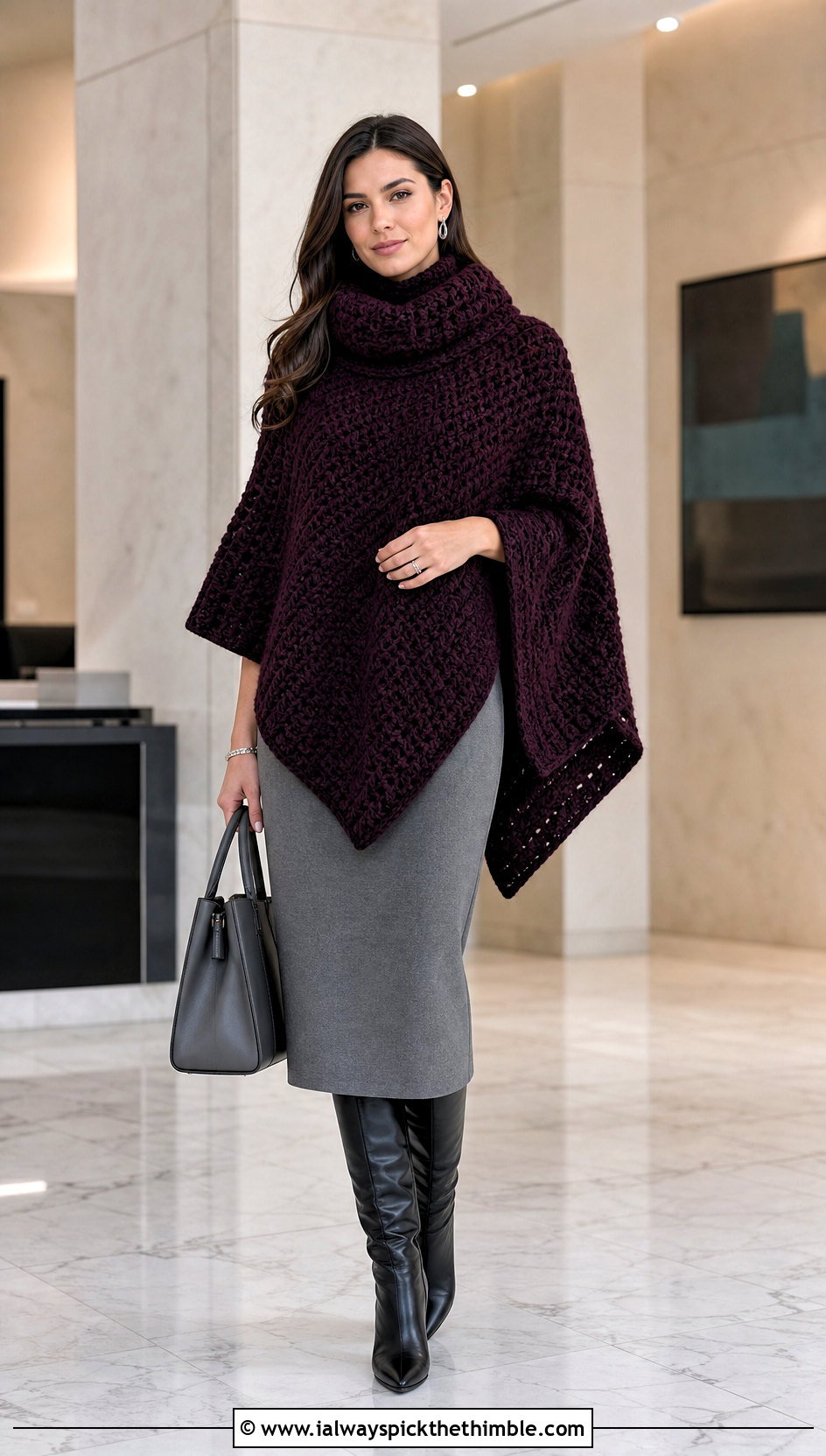 Turtleneck Chunky Yarn Crochet Poncho With Pencil Skirt - 20 Chunky Yarn Crochet Poncho outfit ideas