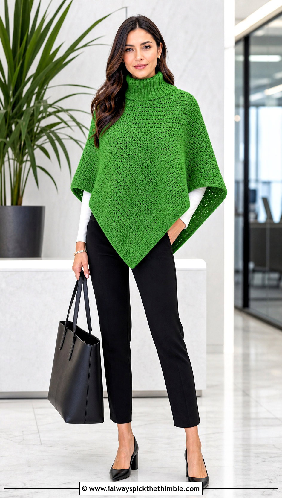 Turtleneck Circle Poncho With Cigarette Pants - 20 Crochet Circle Poncho outfit ideas