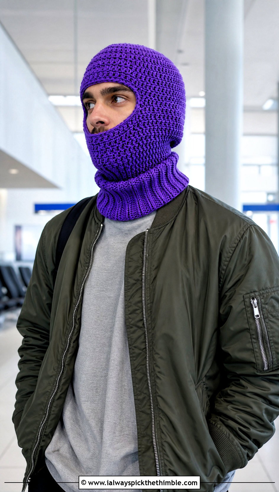 Turtleneck Crochet Balaclava With Bomber Jacket - 20 crochet balaclava for men outfit ideas