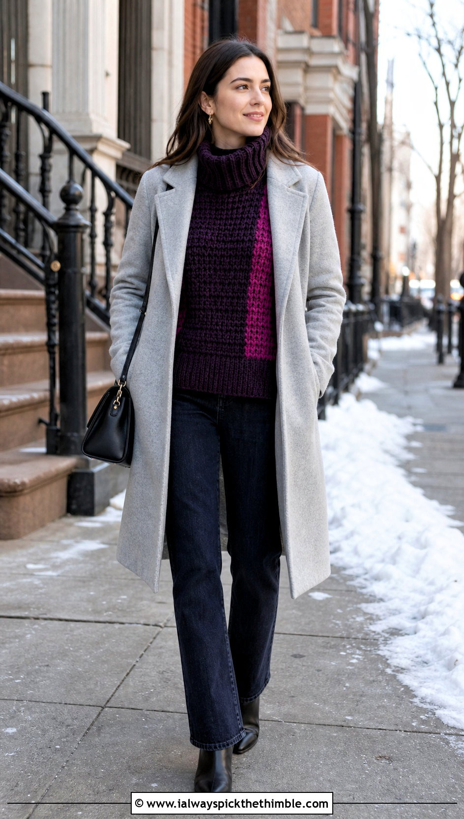 Turtleneck Crochet Block Sweater With Wool Coat And Jeans - 20 crochet block sweater outfit ideas