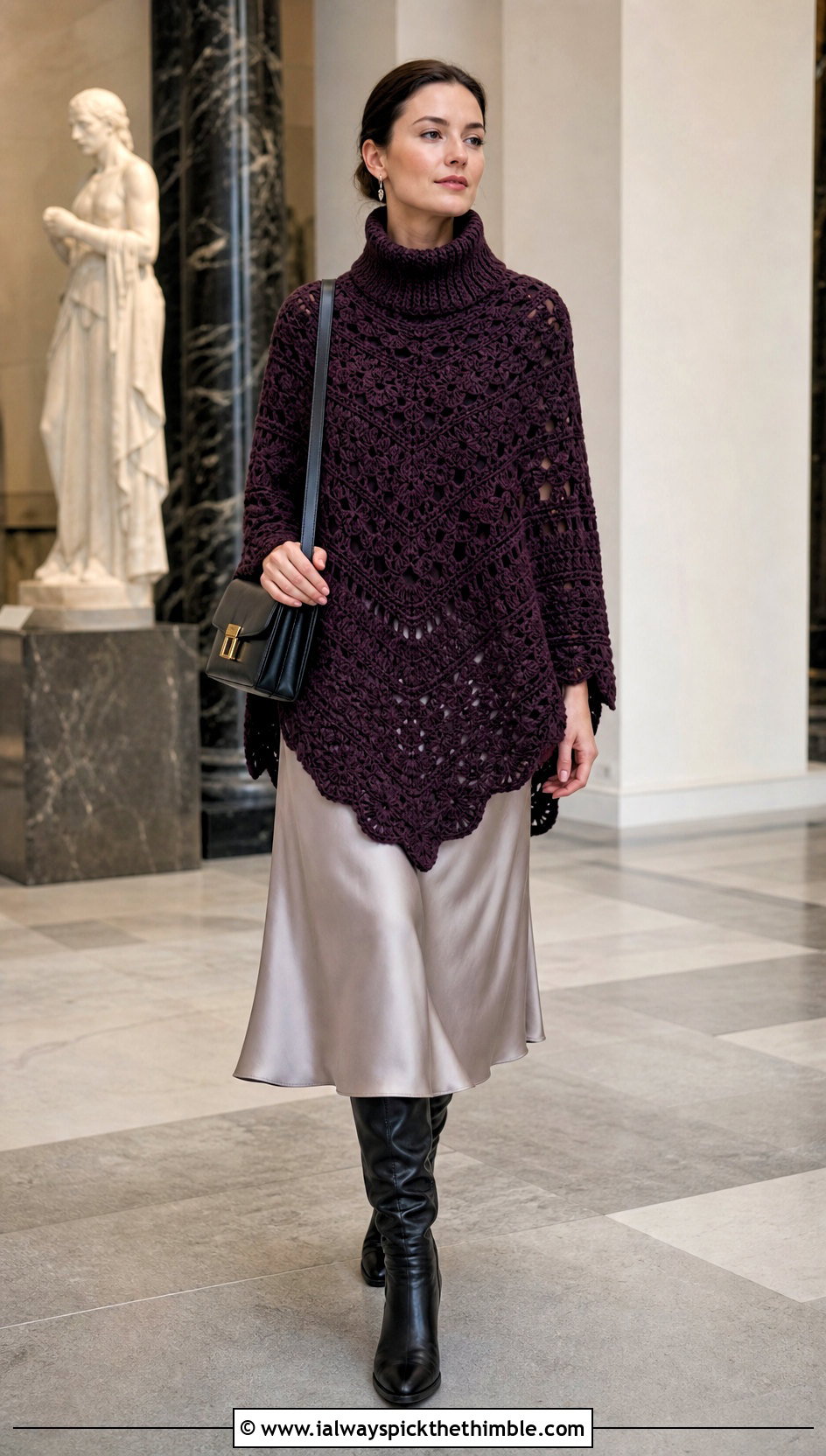 Turtleneck Crochet Boho Poncho With Midi Skirt - 20 crochet boho poncho outfit ideas