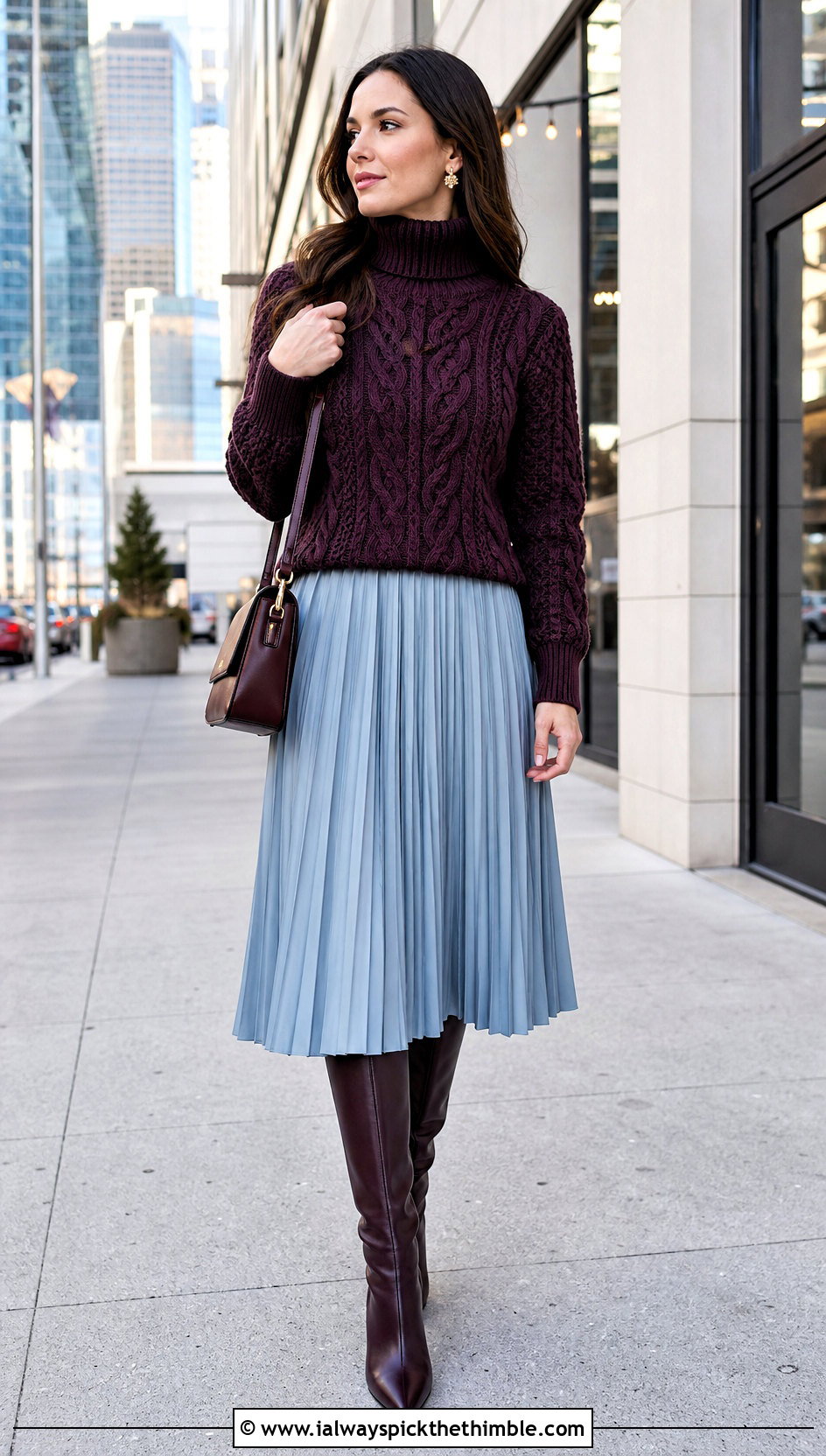 Turtleneck Crochet Cable Sweater With Pleated Midi Skirt - 20 crochet cable knit sweater outfit ideas