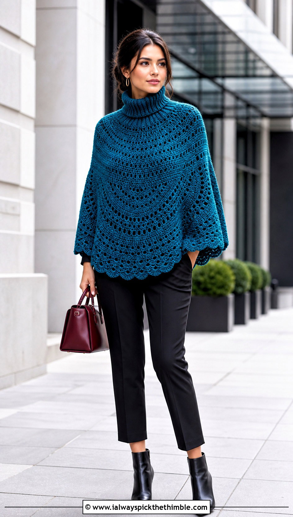 Turtleneck Crochet Circular Poncho With Cropped Trousers - 20 Crochet Circular Poncho outfit ideas
