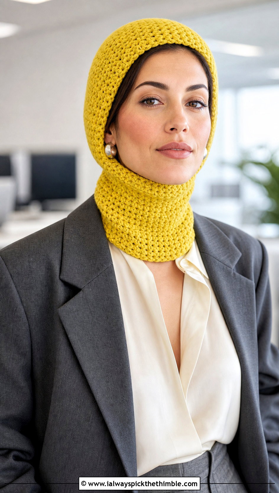 Turtleneck Crochet Cowl Hat With Blazer And Trousers - 20 crochet cowl hat outfit ideas