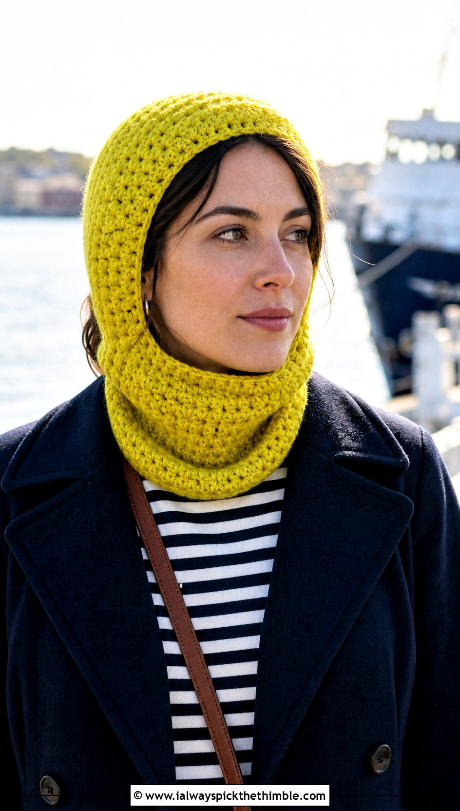 Turtleneck Crochet Cowl Hood With Peacoat - 20 crochet cowl hood outfit ideas
