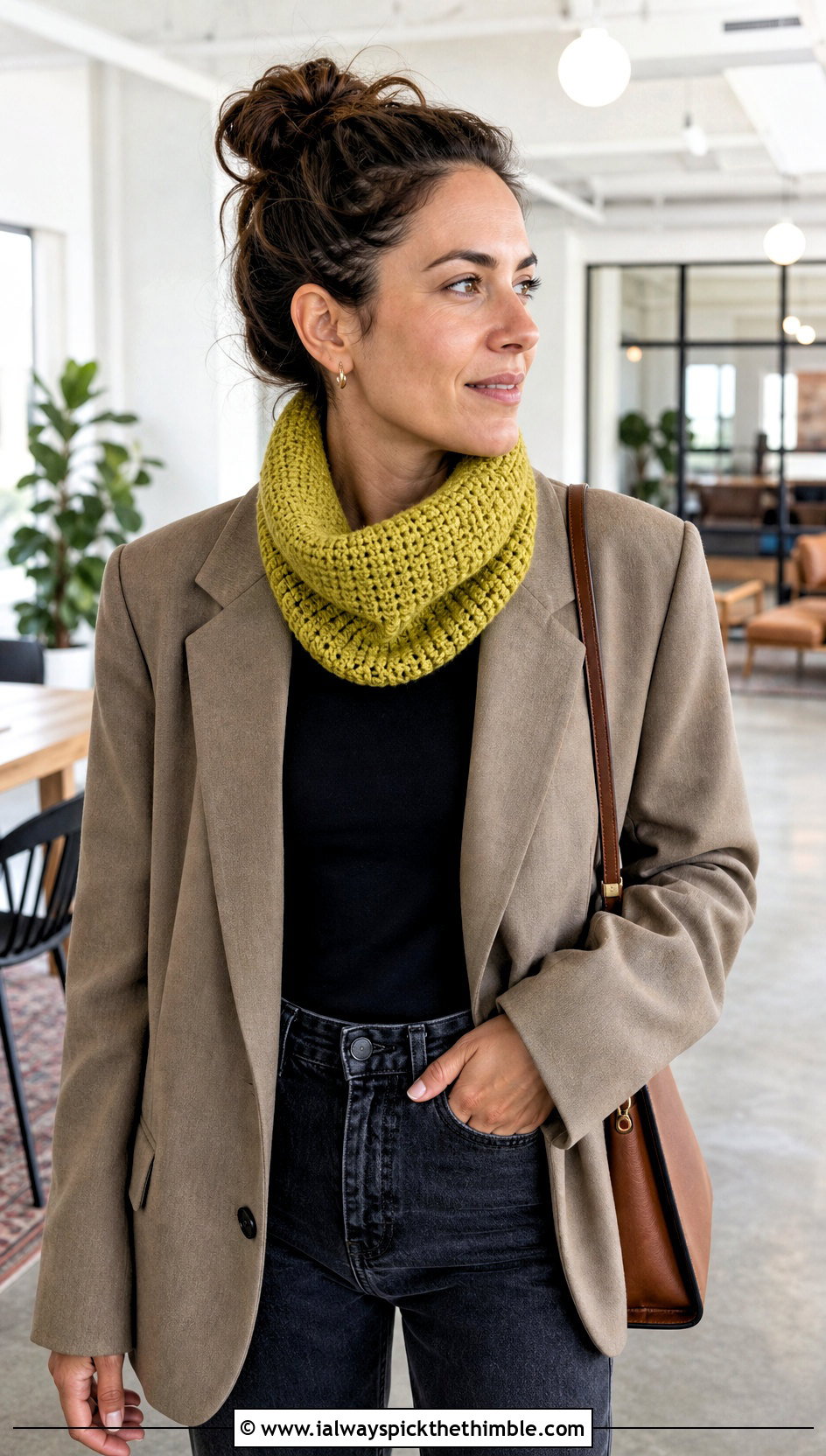 Turtleneck Crochet Cowl Scarf With Oversized Blazer - 25 crochet cowell scarf outfit ideas
