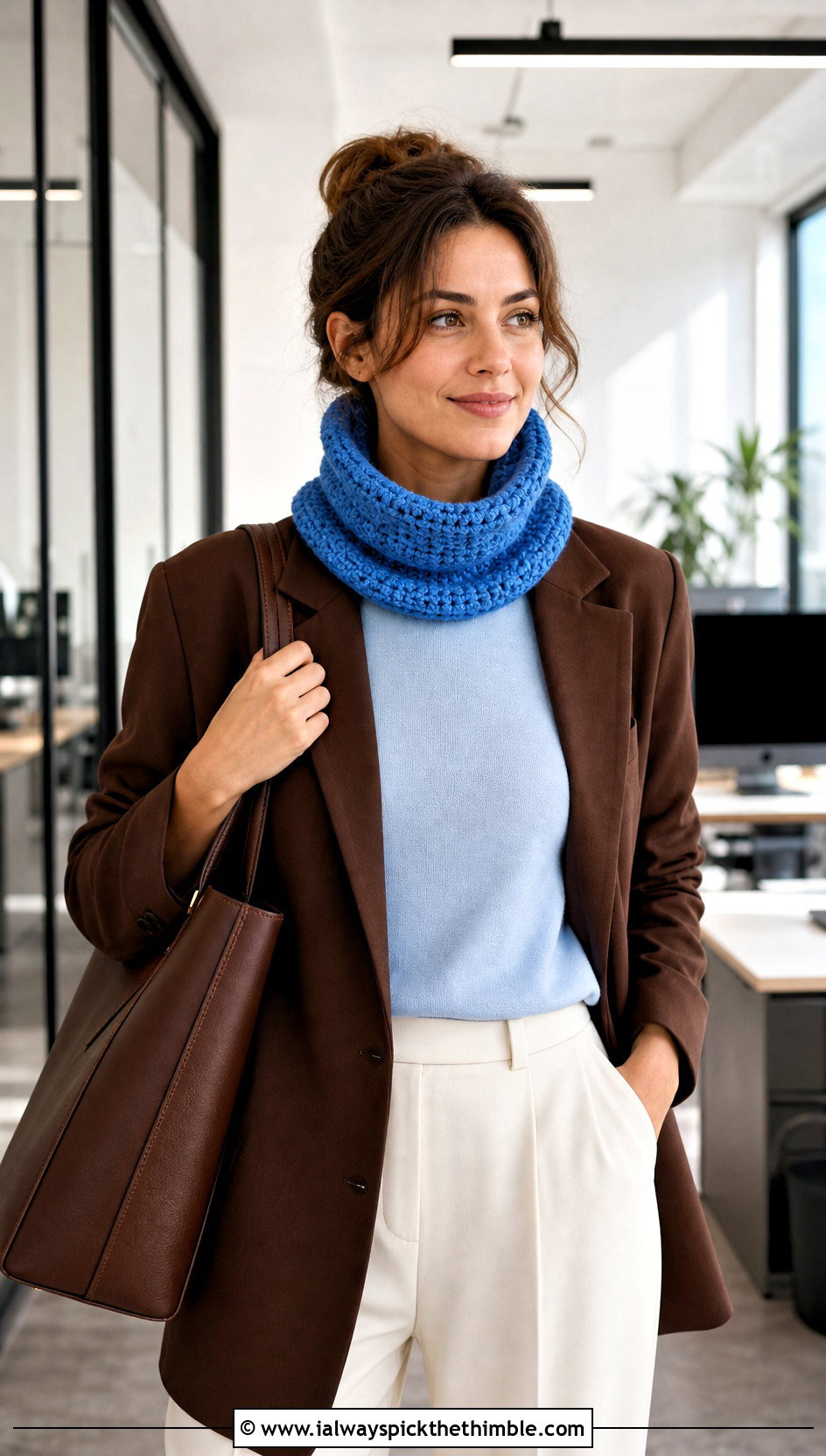 Turtleneck Crochet Cowl With Blazer And Tailored Trousers - 25 crochet neck warmer cowls outfit ideas