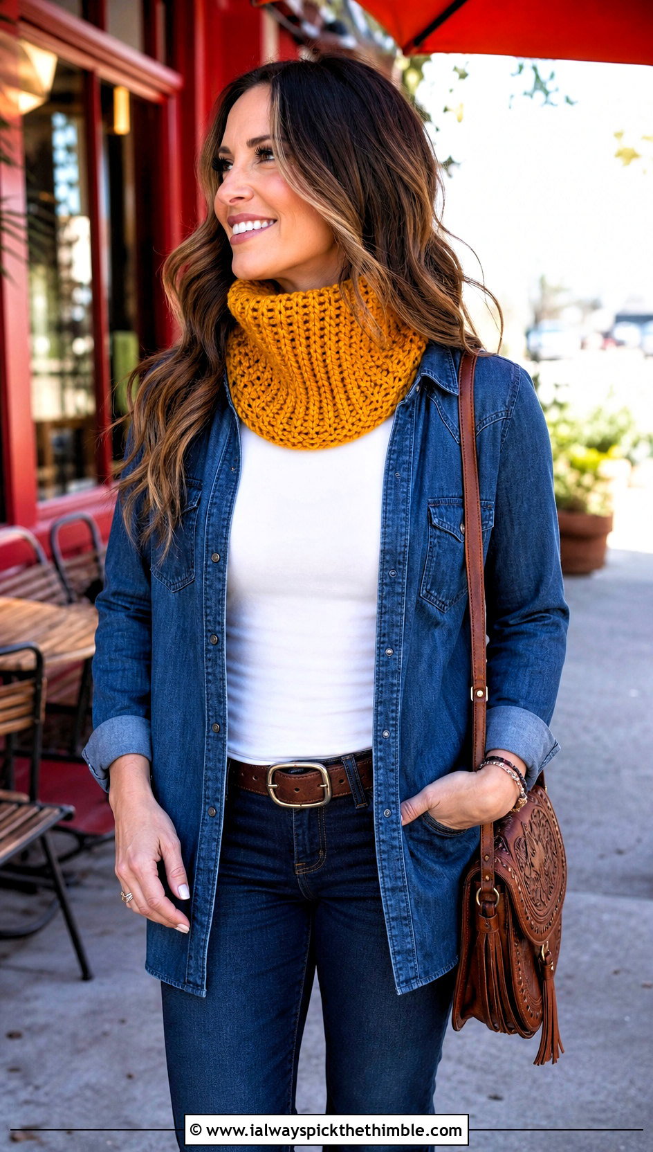 Turtleneck Crochet Cowl With Denim Shirt And Bootcut Jeans - 20 Simple Crochet Cowl outfit ideas