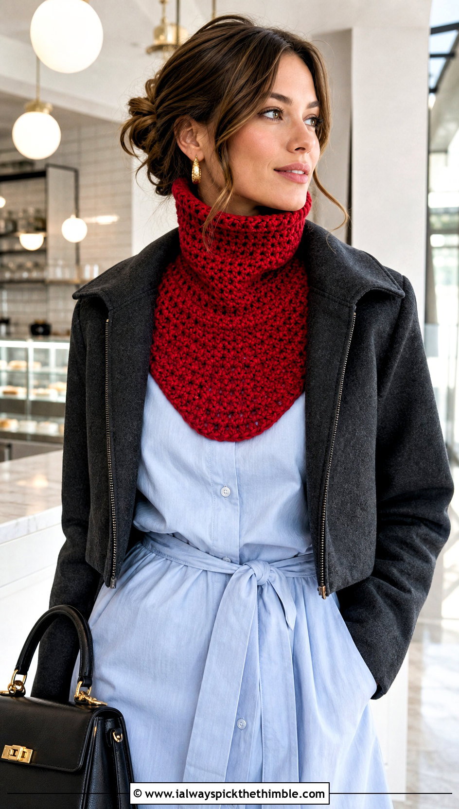 Turtleneck Crochet Cowl With Shirt Dress - 25 crochet cowl outfit ideas