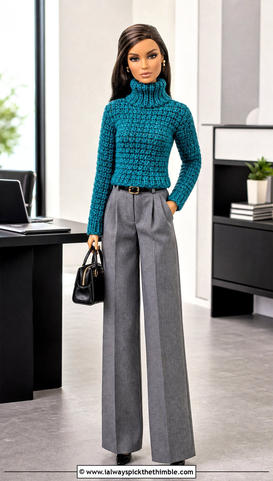 Turtleneck Crochet Doll Sweater With Wide Leg Trousers - 25 crochet doll sweater outfit ideas