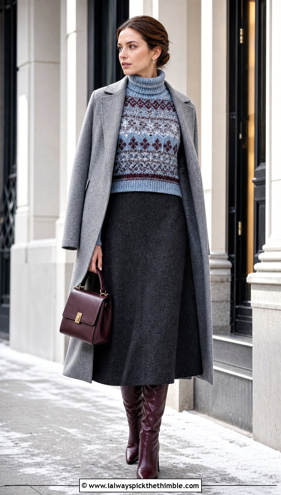 Turtleneck Crochet Fairisle Sweater With Wool Midi Skirt - 15 Crochet Fairisle Sweater outfit ideas