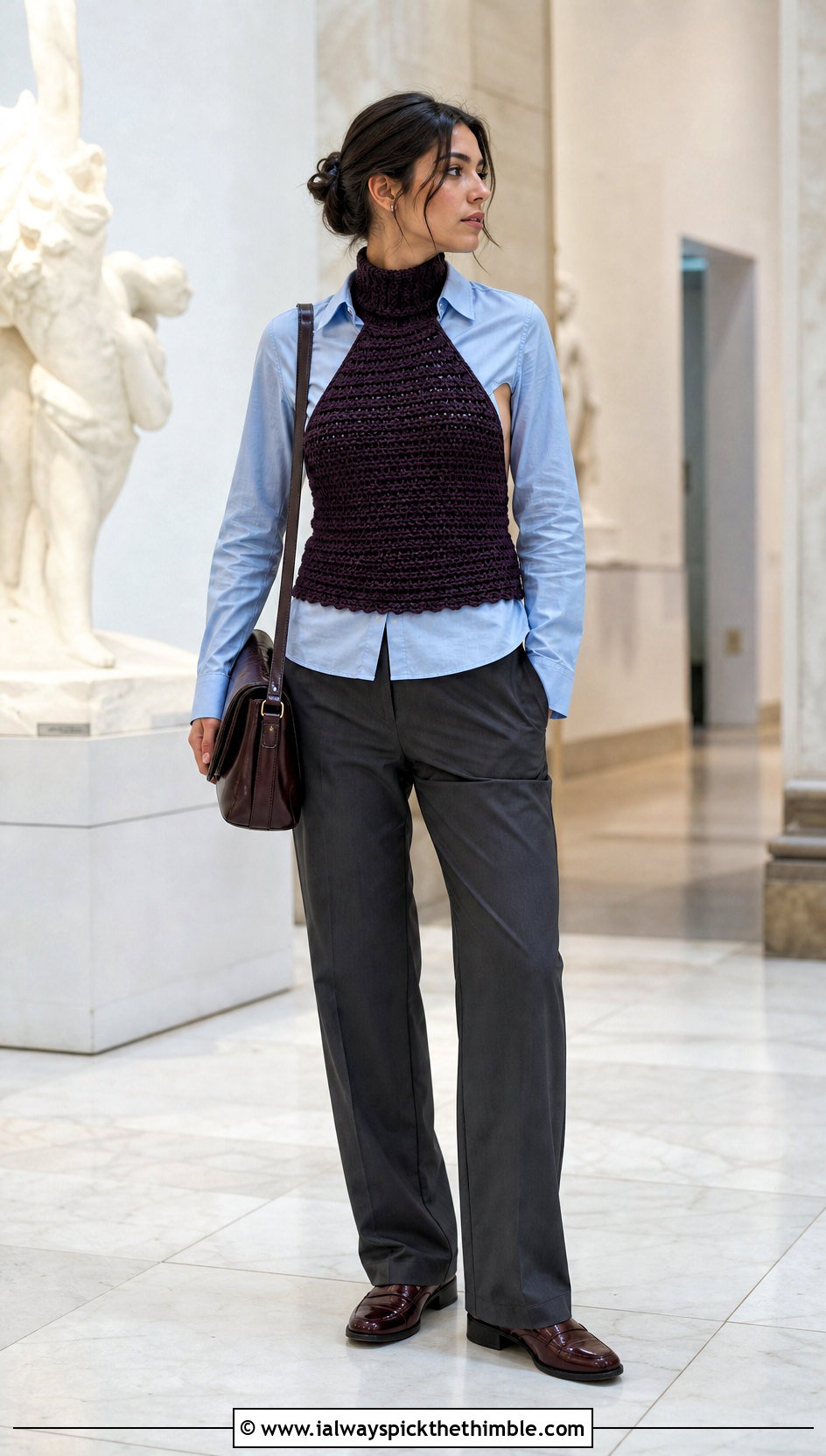 Turtleneck Crochet Halter Top Over Button Down Shirt - 25 crochet halter top outfit ideas