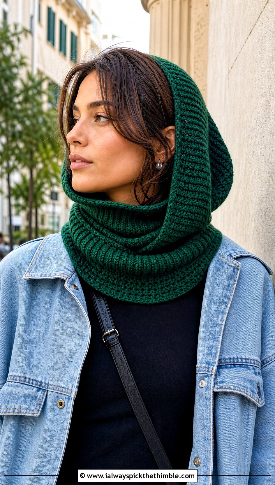 Turtleneck Crochet Hooded Cowl With Denim Jacket - 20 easy crochet hooded cowl outfit ideas
