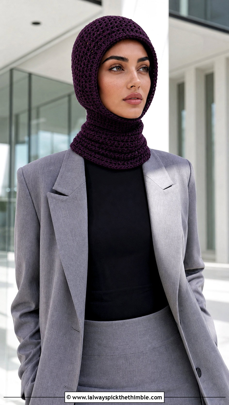 Turtleneck Crochet Hoodie Balaclava With Tailored Blazer - 20 crochet hood hat outfit ideas