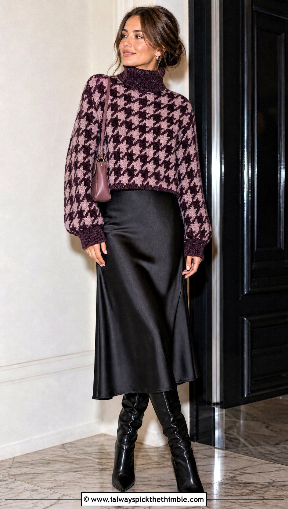 Turtleneck Crochet Houndstooth Sweater Over A Slip Dress - 25 crochet houndstooth sweater outfit ideas