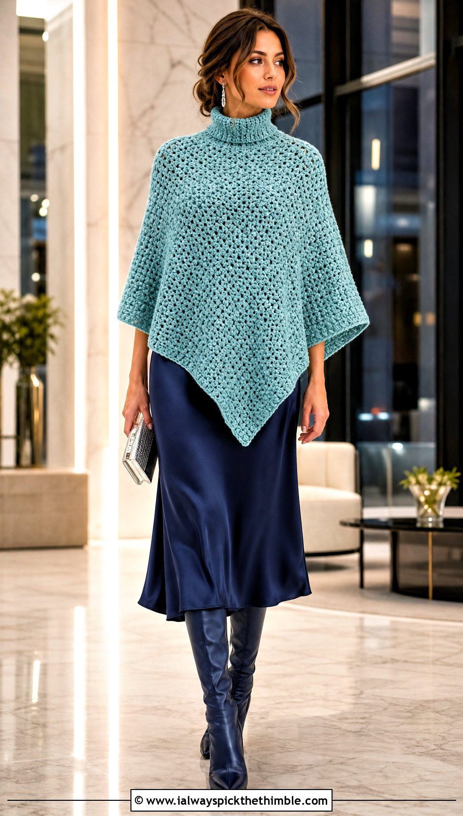 Turtleneck Crochet Poncho With A Satin Midi Skirt - 20 Crochet For Poncho outfit ideas