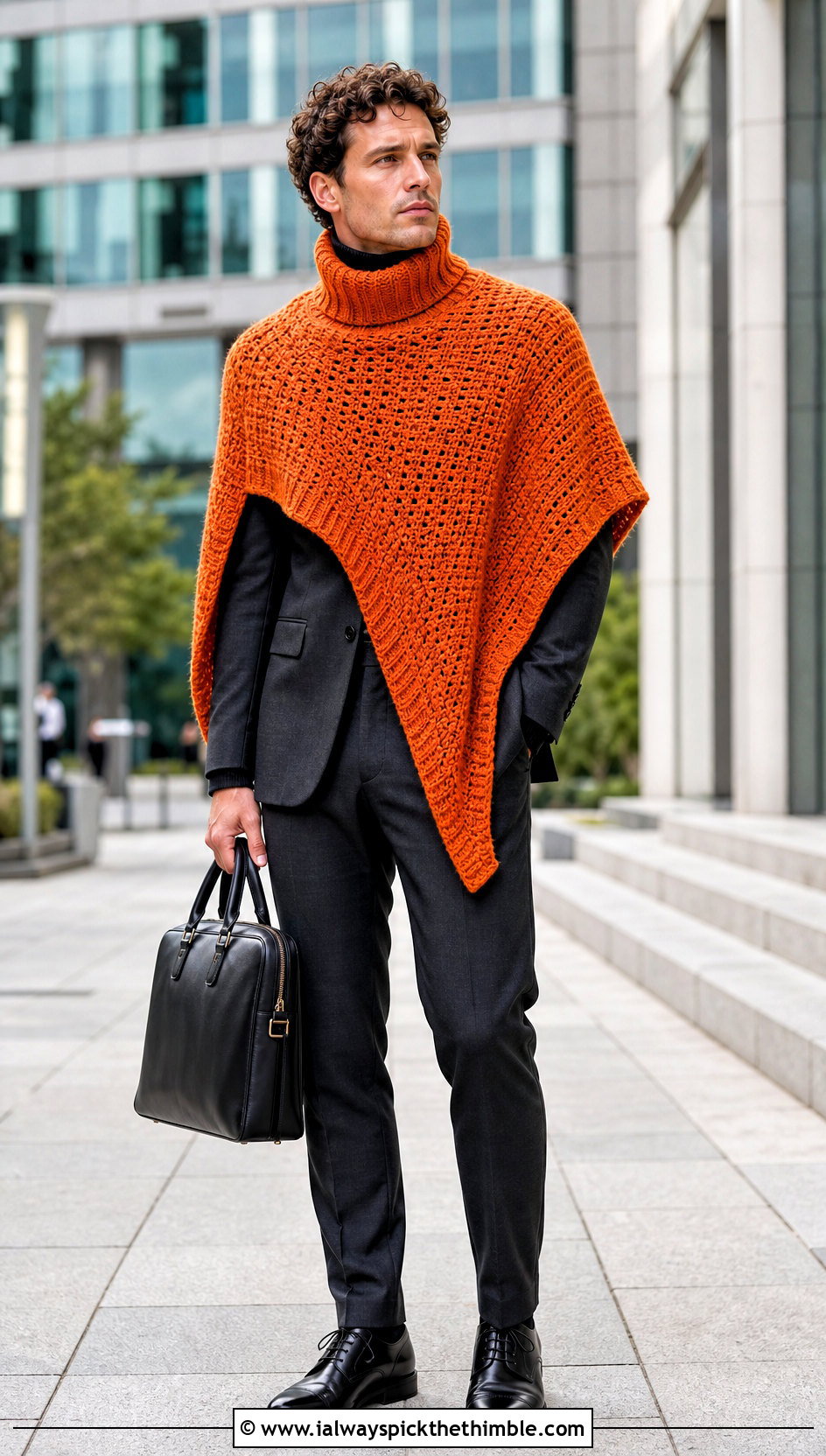 Turtleneck Crochet Poncho With A Suit - 20 men crochet poncho outfit ideas