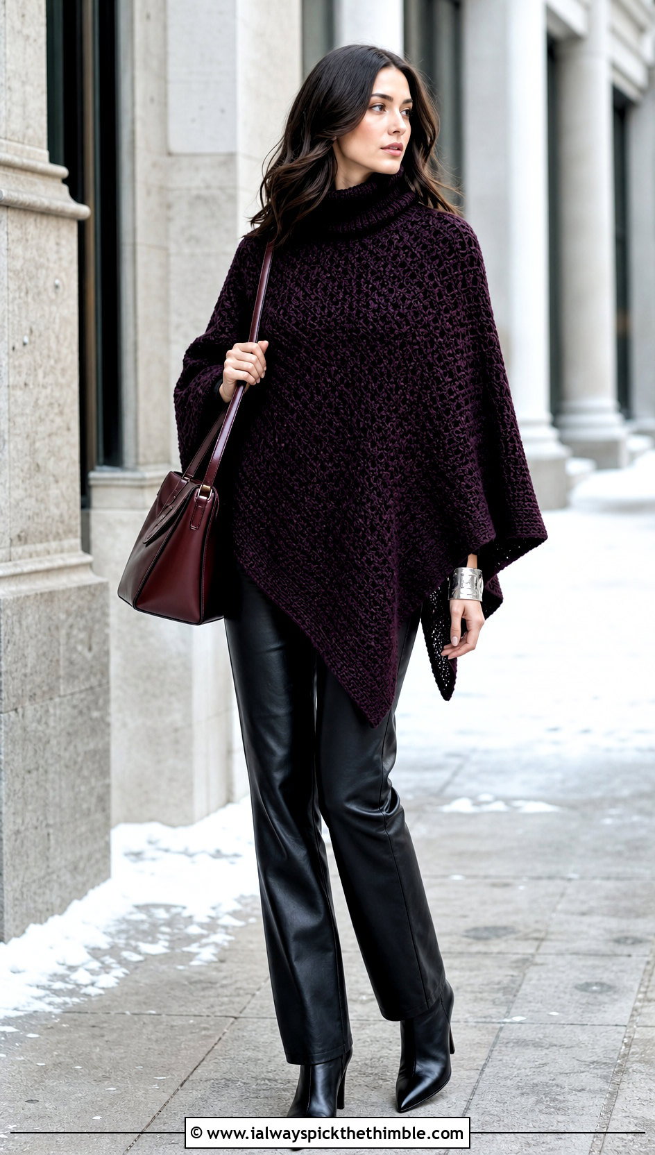 Turtleneck Crochet Poncho With Faux Leather Pants - 20 Simple Crochet Poncho outfit ideas